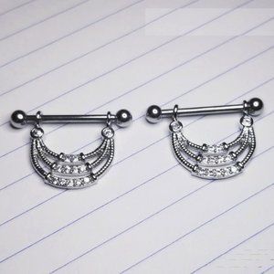 Silver ~ Triple Tier Clear Crystal Nipple Bar